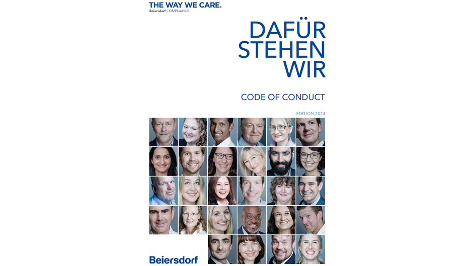 Beiersdorf Code of Conduct 2024 mit Porträts von Mitarbeitern.